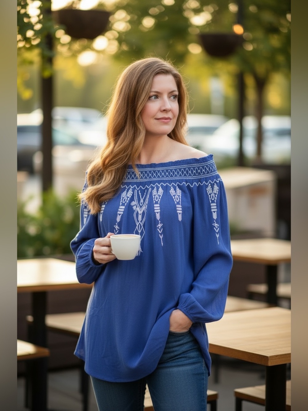 Off-Shoulder Embroidered Boho Tunic in Royal Blue